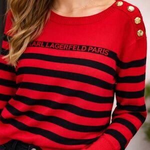Karl Lagerfeld Paris Striped Sweater Red Black Gold Buttons Logo Womens S